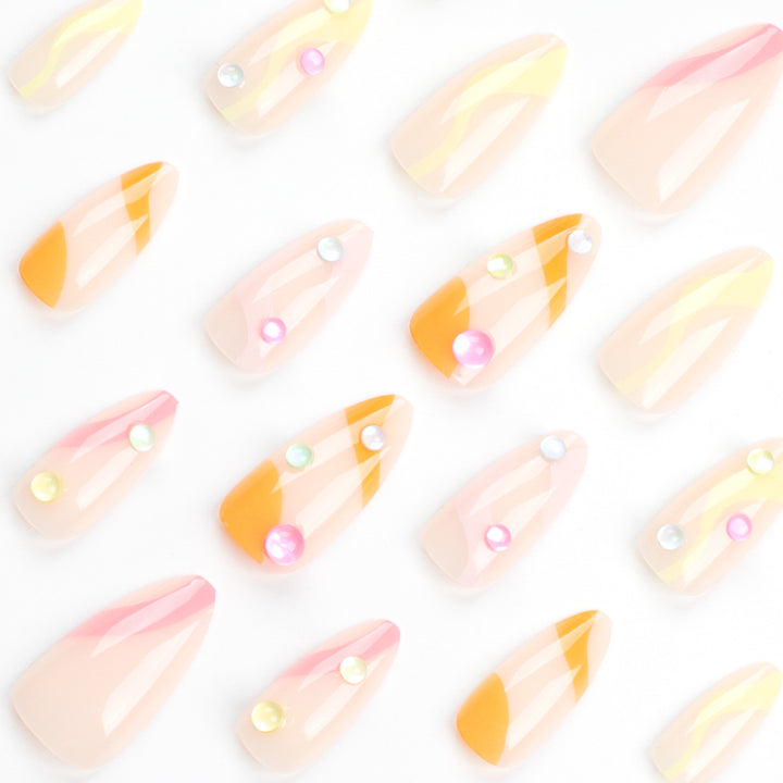Artistic Nail Extensions with Colorful Design and Glitter Accents Bowlift