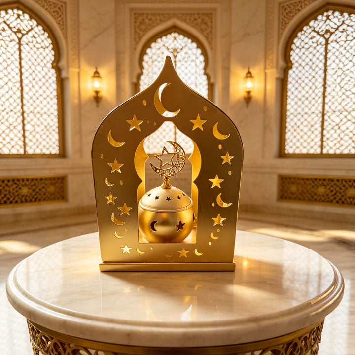 Ornate Metal Crescent-Star Tabletop Lantern with Rotating Incense Burner Bowlift