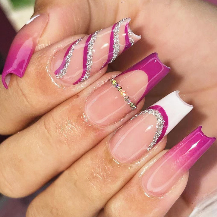 Artistic Nail Extensions with Glitter and Gradient Bowlift
