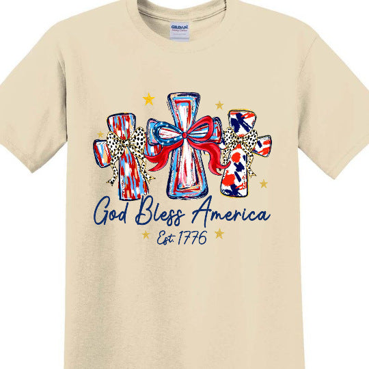 Women's nan patriotic graphic cotton tee with cross ribbon print Bowlift