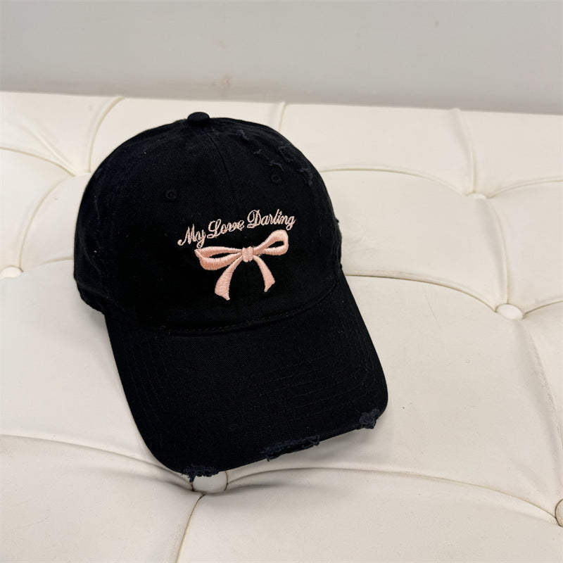 Women's Distressed Cotton Baseball Cap with Bow Embroidery Bowlift