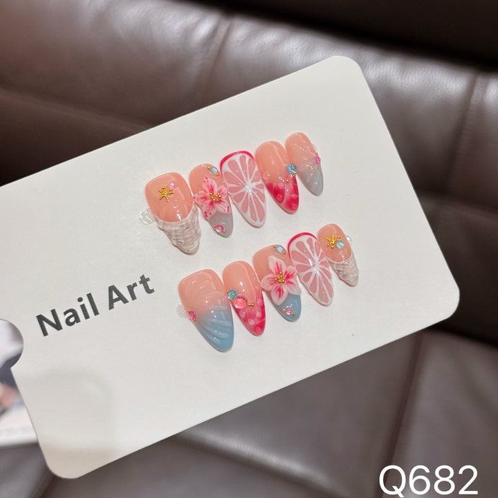 Decorative Press-On Nail Art Set with Floral and Citrus Designs