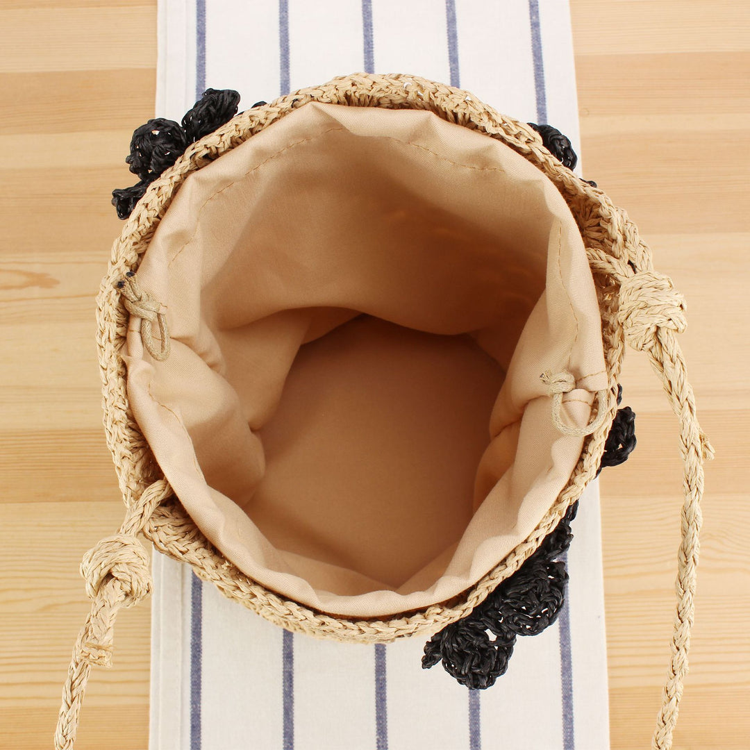 Handbag Made From Hand-Knotted Natural Material with Floral Appliqué Bowlift