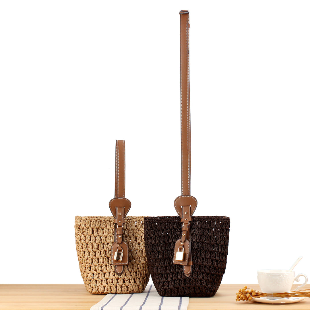 Braided Bast Handbag with Elegant Leather Decoration Bowlift