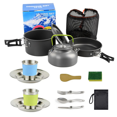 lightweight hard-anodized camping cookware set with folding handles compact kettle and stainless cup plates Bowlift