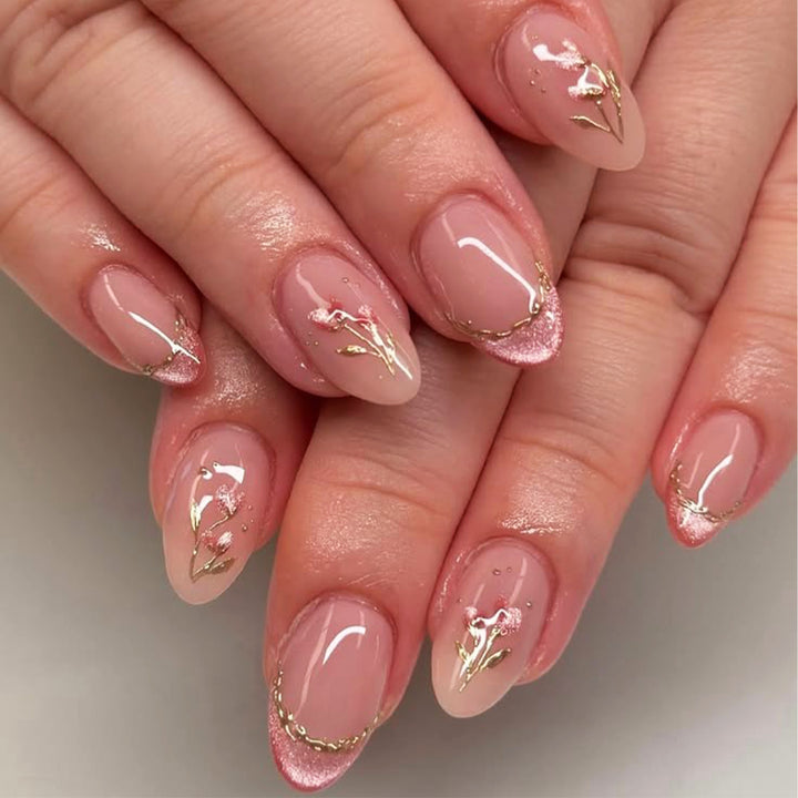 Elegant artificial nails with floral design and glitter Bowlift