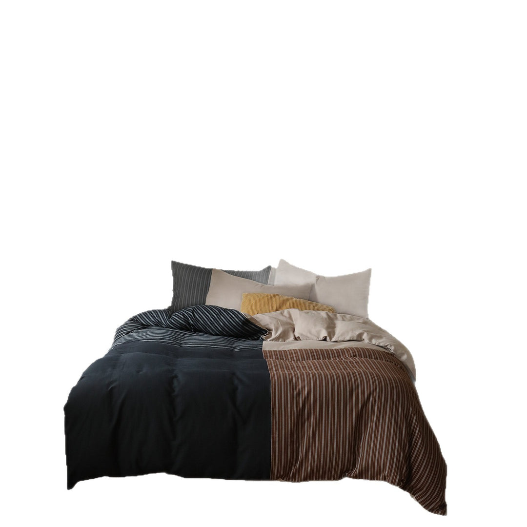 Patchwork Stripe & Solid Cotton Sateen Duvet Cover Set with Corduroy Accent Pillow