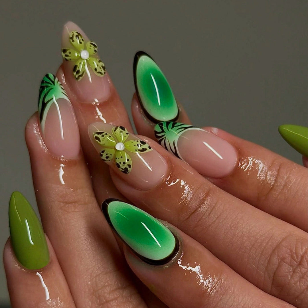 Artful Gel Nails with Floral Design and Glitter Effects Bowlift