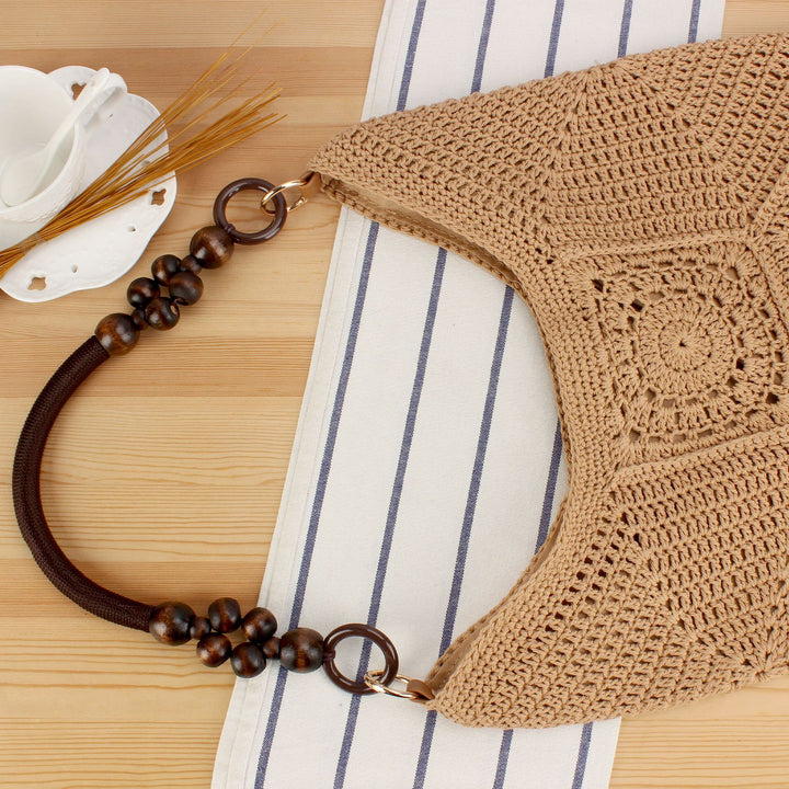 Handbag Made of Hand-Knotted Natural Material with Stylish Wooden Handles Bowlift