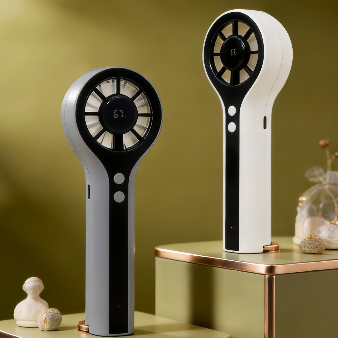 Ladies Portable Hand Fan with Digital Temperature Display and Powerful Battery Bowlift