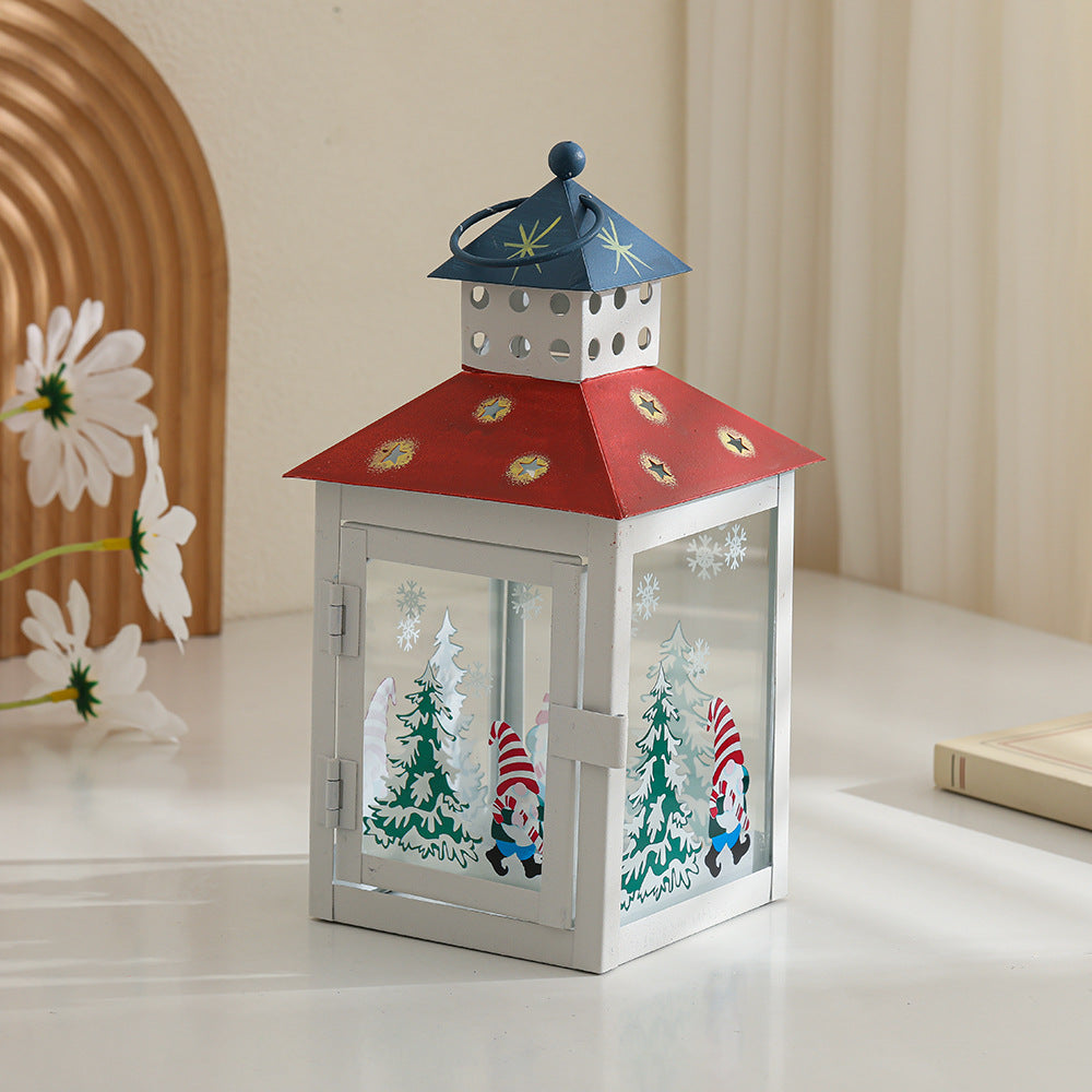 Decorative Holiday Gnome Lantern with Star-Cut Roof and Glass Panel Candle Holder Bowlift