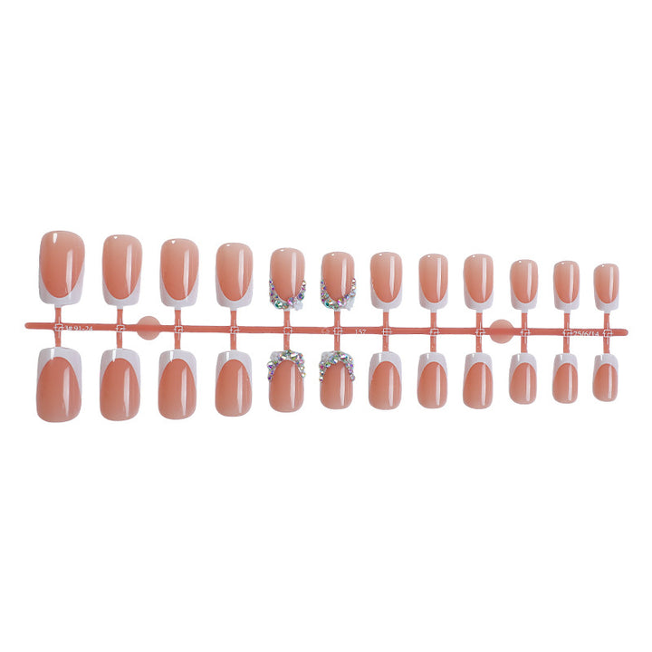 Decorative French Tip Press-On Nail Set with Rhinestone Accents Bowlift