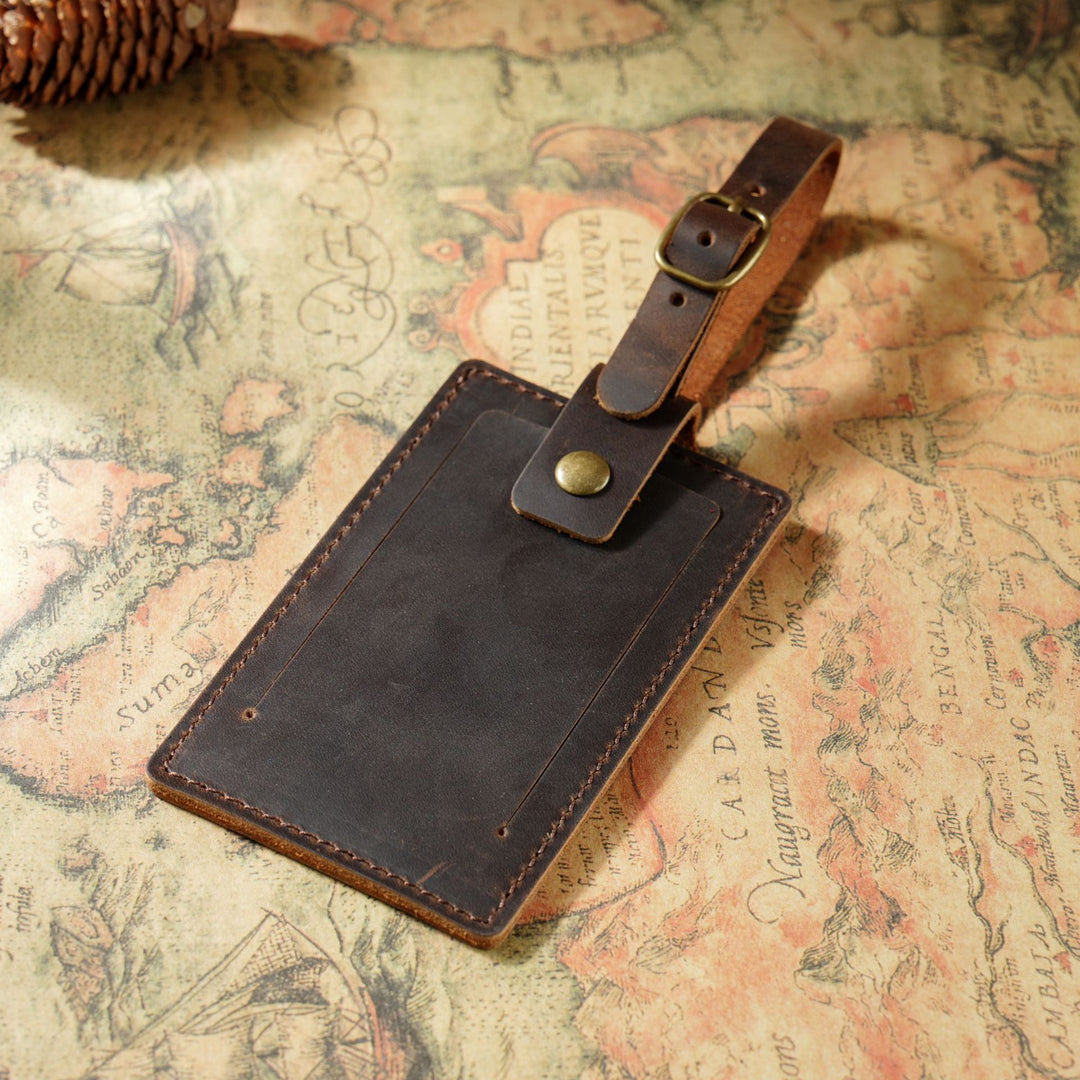 Vintage Full-Grain Leather Luggage Tag with Adjustable Buckle Strap Bowlift