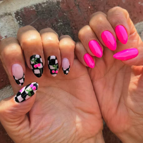 Creative artificial nails with playful cherry and checkerboard design Bowlift