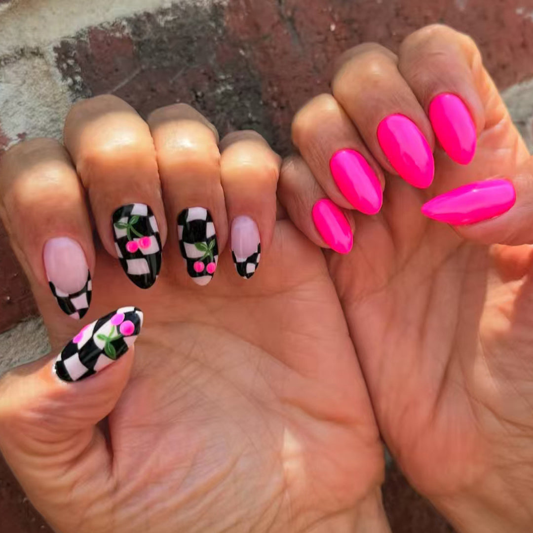 Creative Checkerboard and Cherry Nail Art Bowlift
