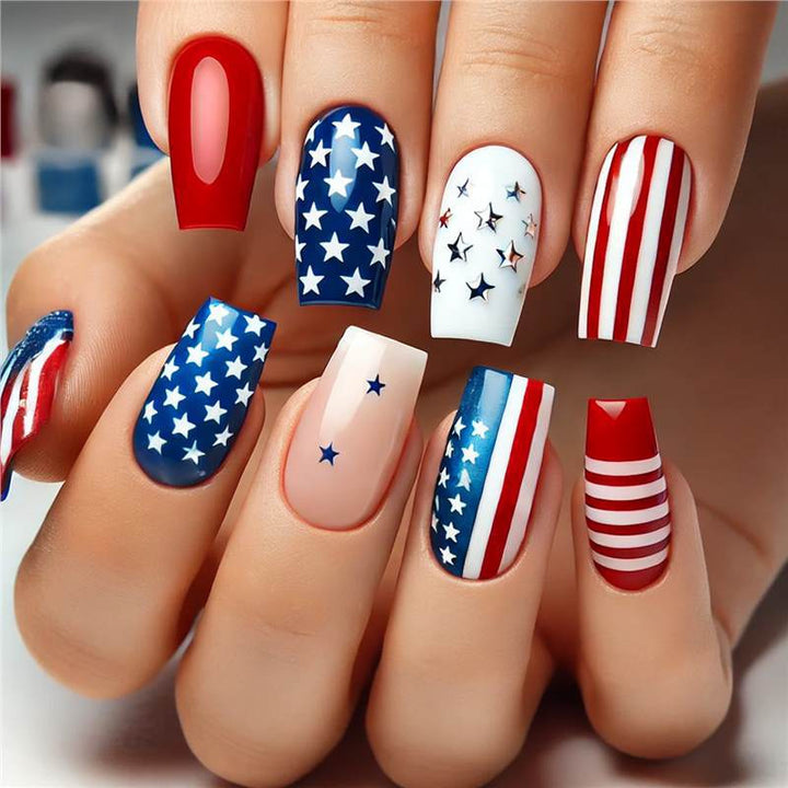 Women's nan patriotic press-on manicure set with mixed star and stripe coffin and square artificial nails Bowlift