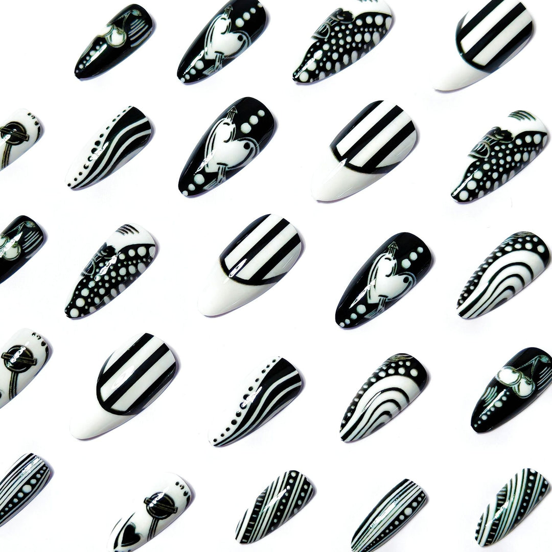 Creative Art Nails in Elegant Black-and-White Design Bowlift
