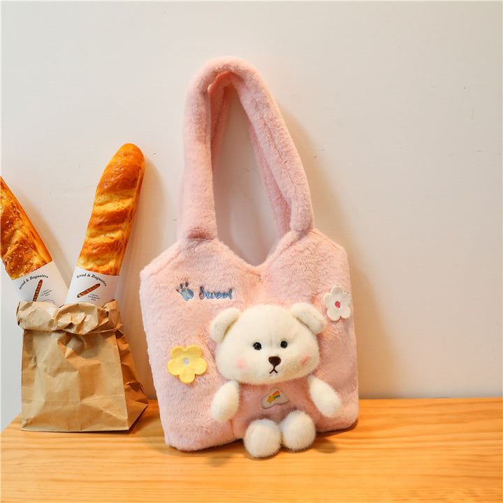 Plush Shoulder Bag with Cute Bear Design Bowlift