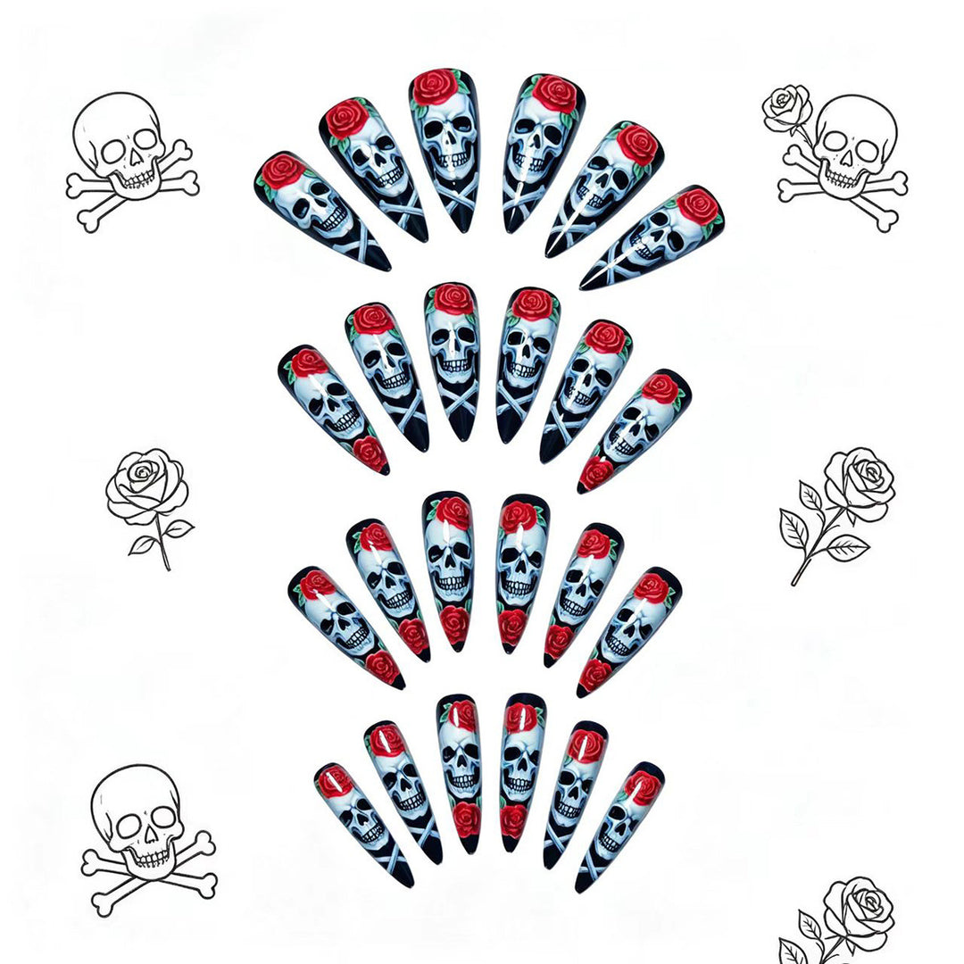 Artificial nails with creative skull and rose design Bowlift