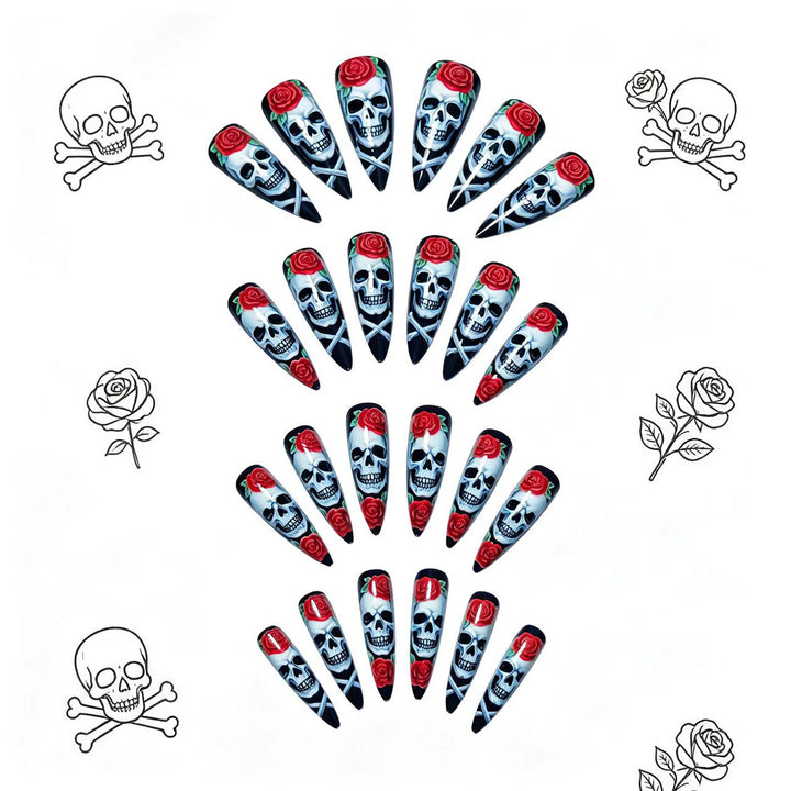Artificial nails with creative skull and rose design Bowlift