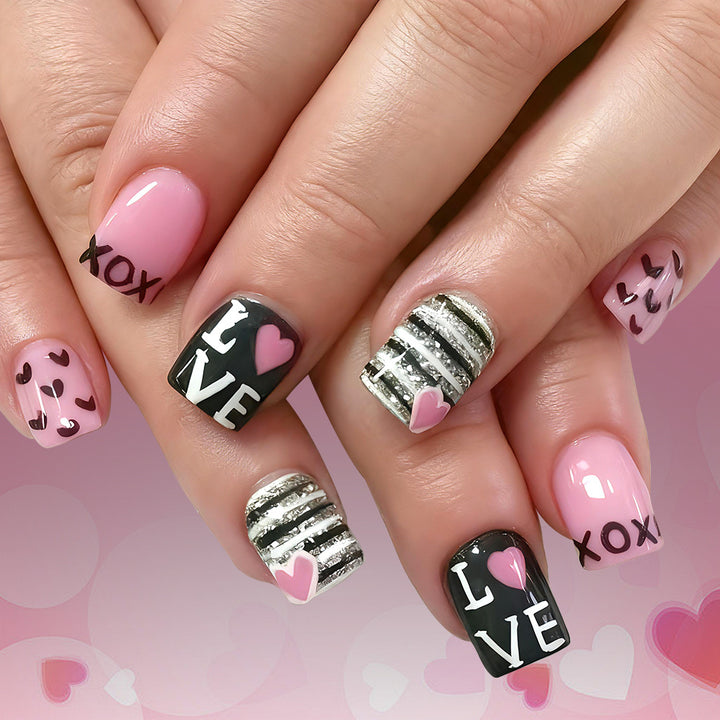 Decorative Press-On Nail Art Set with Love and Heart Patterns Bowlift
