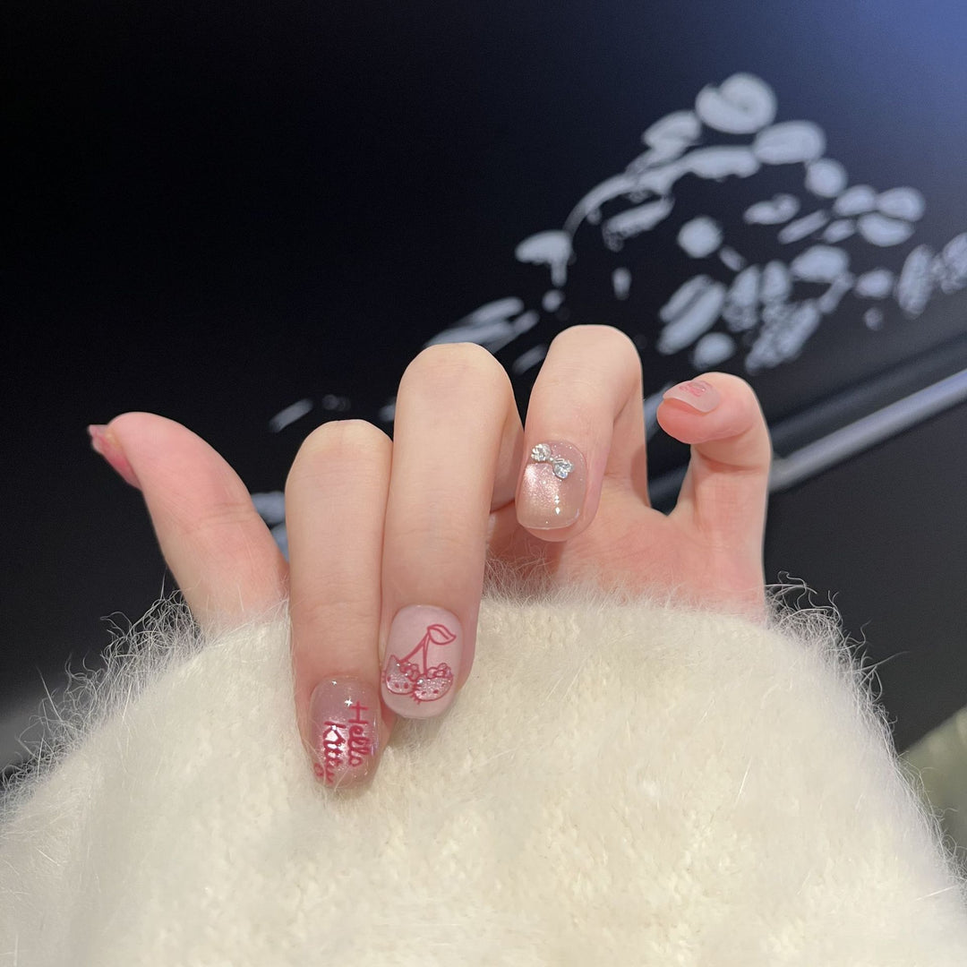 Decorative Press-On Nail Art Set with Cherry and Bow Accents Bowlift