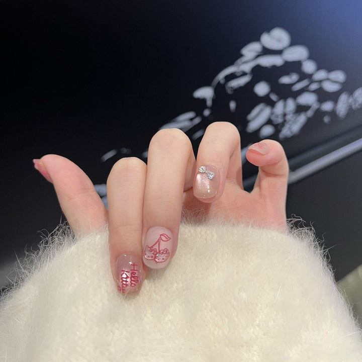 Decorative Press-On Nail Art Set with Cherry and Bow Accents Bowlift
