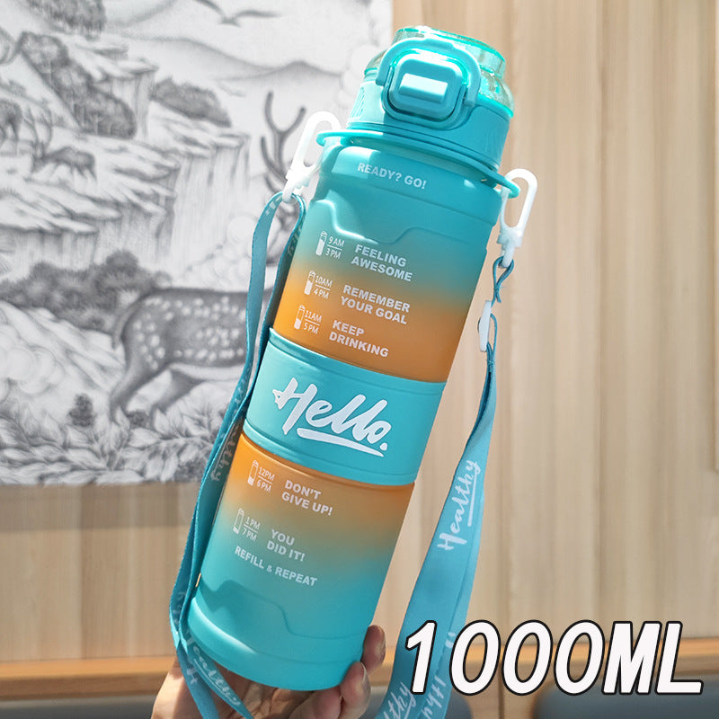 Women's motivation water bottle with time display and shoulder strap Bowlift