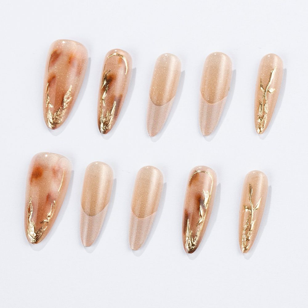 Elegant Stiletto Press-On Nail Set with Gold Accents Bowlift