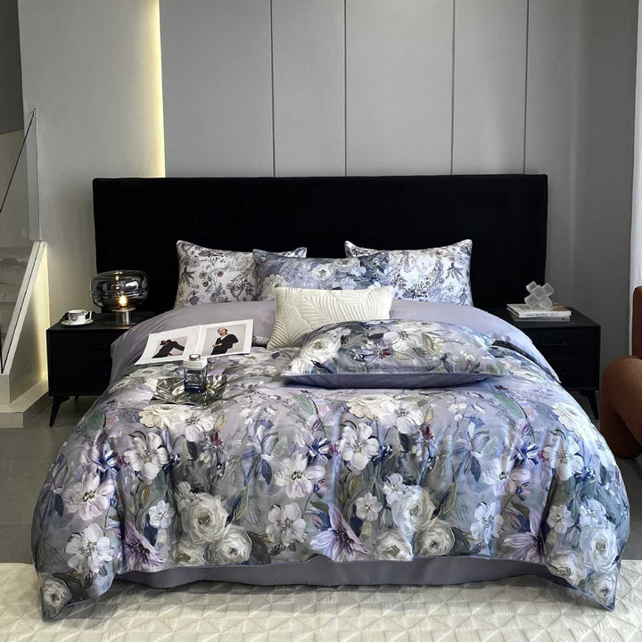 Luxury Floral Duvet Cover Set with Reversible Solid Sheet and Pillow Shams