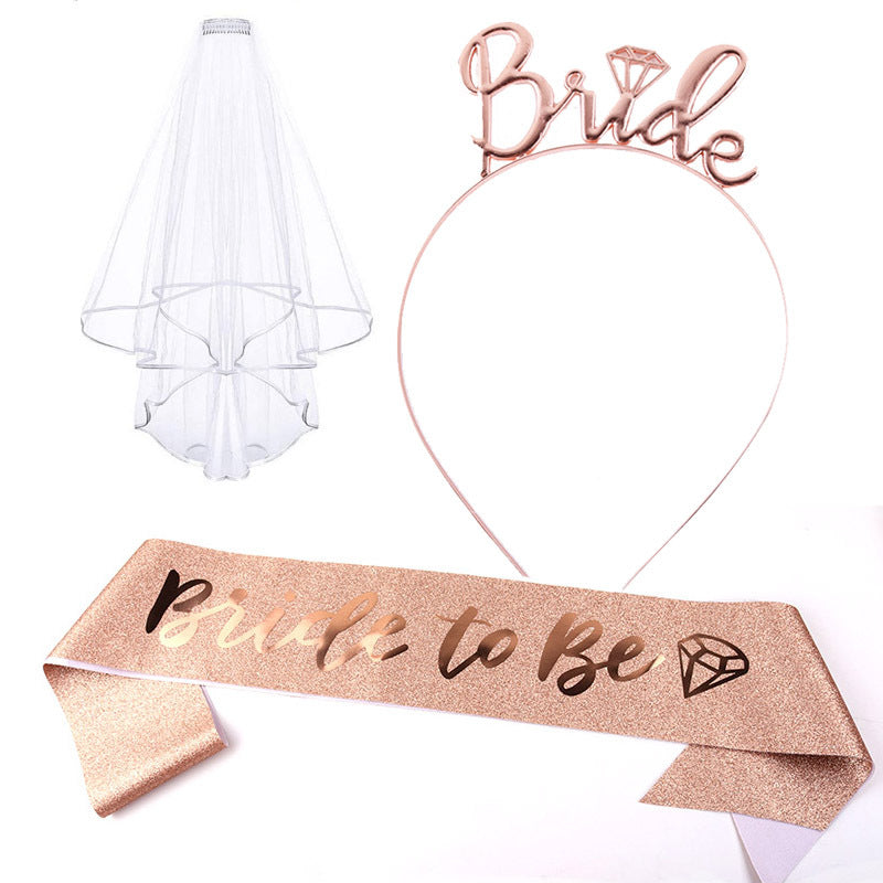 Women's bridal accessories set with shimmering veil and personalized sash Bowlift
