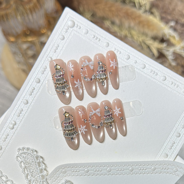 Decorative Stiletto Press-On Nail Art Set with Snowflake and Gemstone Accents Bowlift