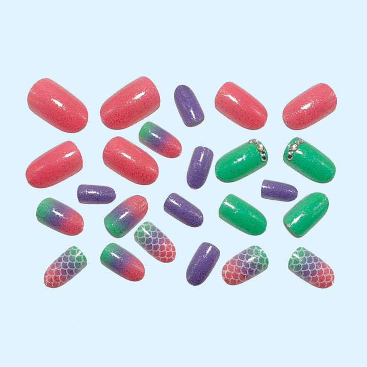 Creative glitter art nails with colorful gradient and scale design Bowlift