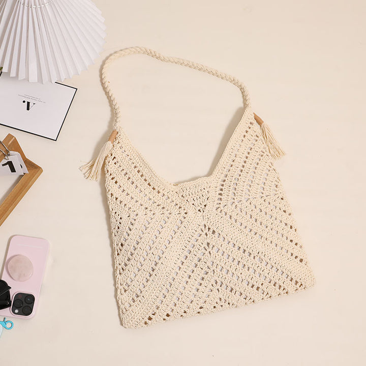 Handmade macrame crossbody bag with playful tassels Bowlift