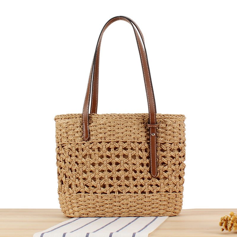 Handbag Made of Handwoven Straw with Elegant Faux Leather Handles Bowlift