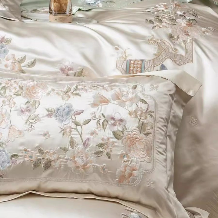 Silk-Effect Botanical Embroidered Hotel-Style Duvet Cover & Sham Set