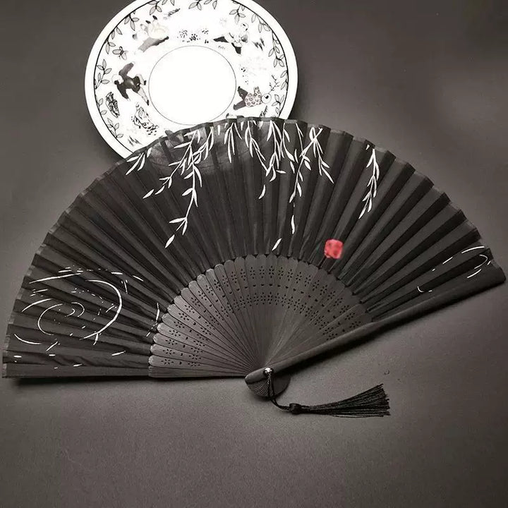 Women One Size Handcrafted Bamboo Pleated Fan with Hand-Painted Calligraphic Willow Design and Decorative Tassel Bowlift