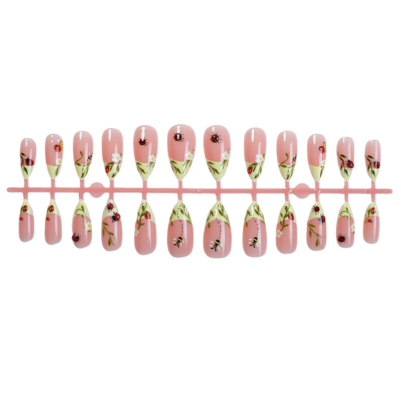 Floral Print Press-On Nails Set with Ladybug and Bee Designs Bowlift