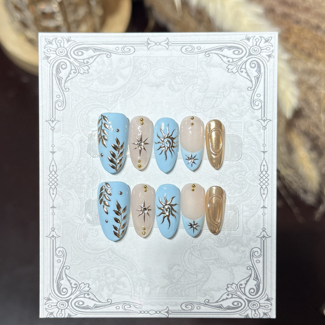 Decorative Press-On Nail Set with Celestial Accents Bowlift