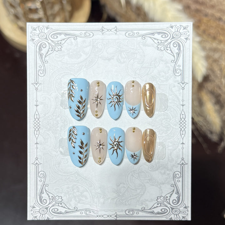 Decorative Press-On Nail Set with Celestial Accents Bowlift