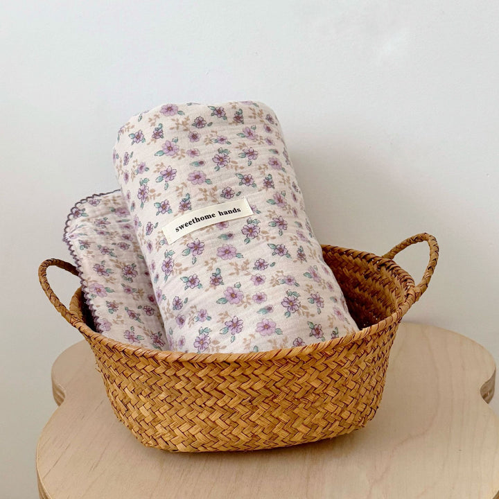 Unisex Muslin Blanket with delicate floral design and elegant ruffles Bowlift