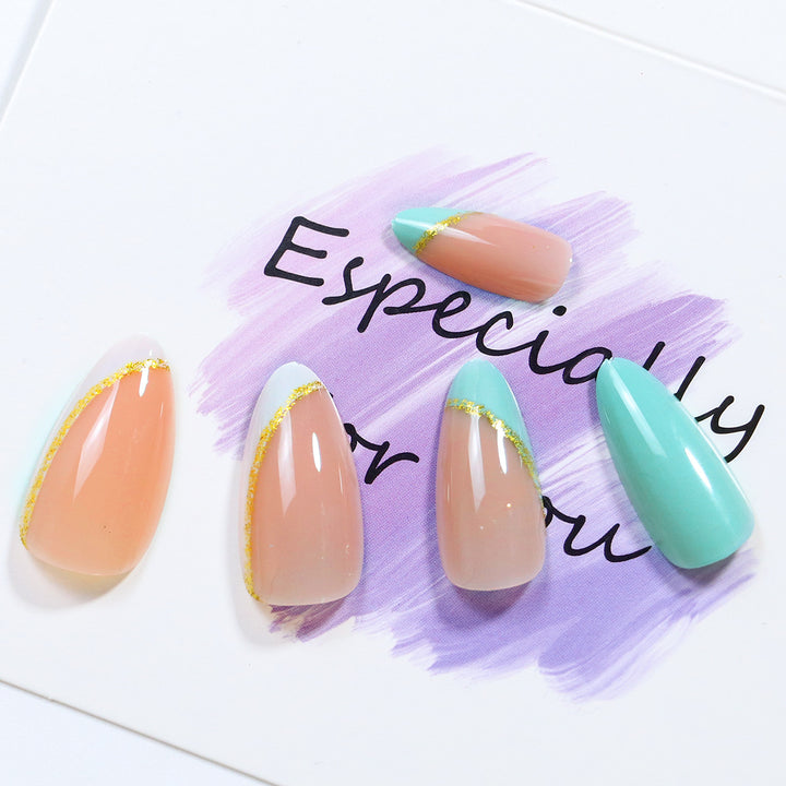 Elegant Stiletto Press-On Nails Set with Gold Accent Bowlift