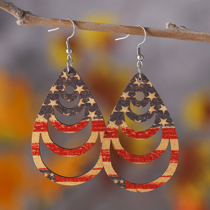 Women's nan patriotic teardrop wooden dangle earrings with star stripe cutout Bowlift