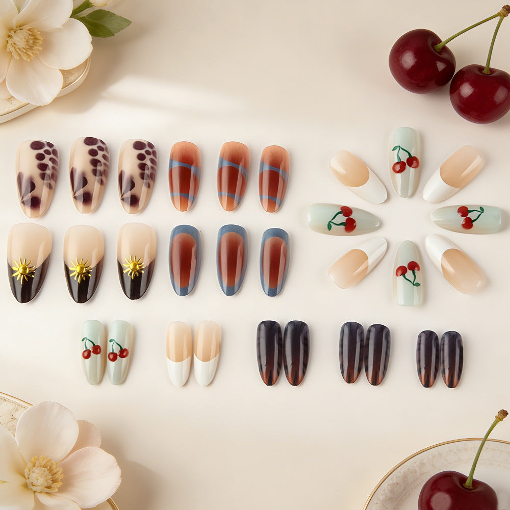 Artistic Press-On Nail Set with Floral and Geometric Patterns Bowlift