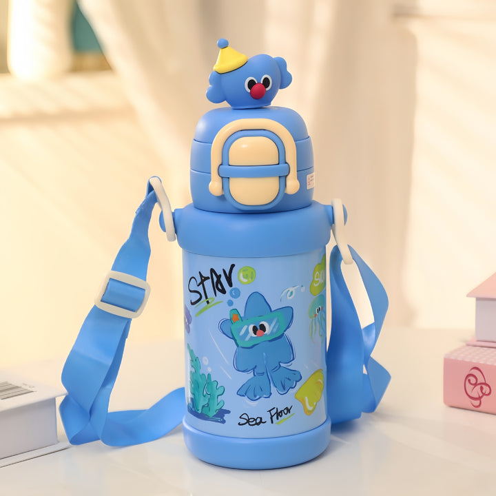 Women's insulated drinking bottle with practical carrying strap and cheerful character design Bowlift