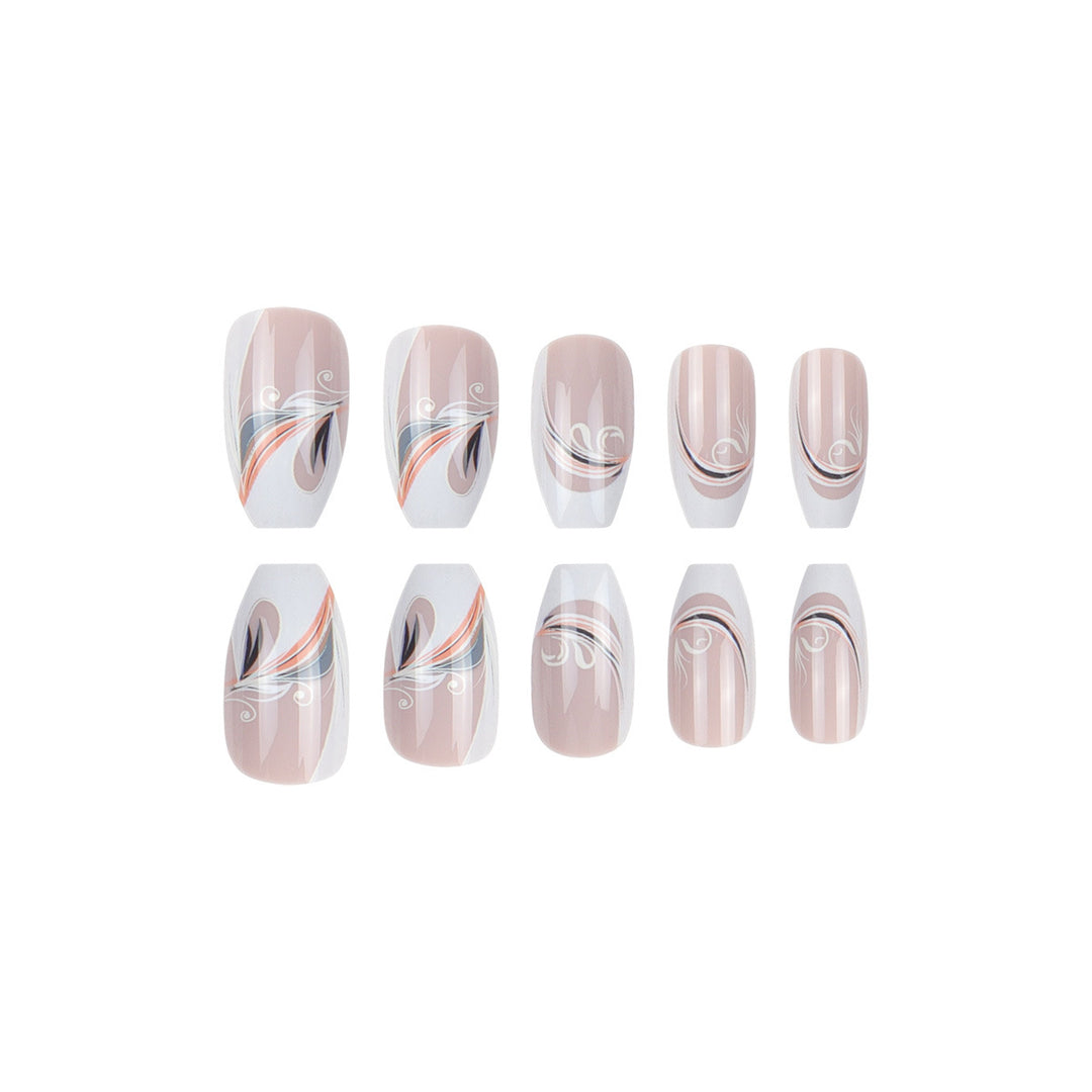 Decorative French Tip Press-On Nails with Artistic Swirl Design Bowlift