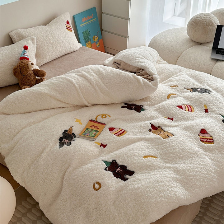 Plush Sherpa Comforter with Embroidered Teddy and Dessert Motifs