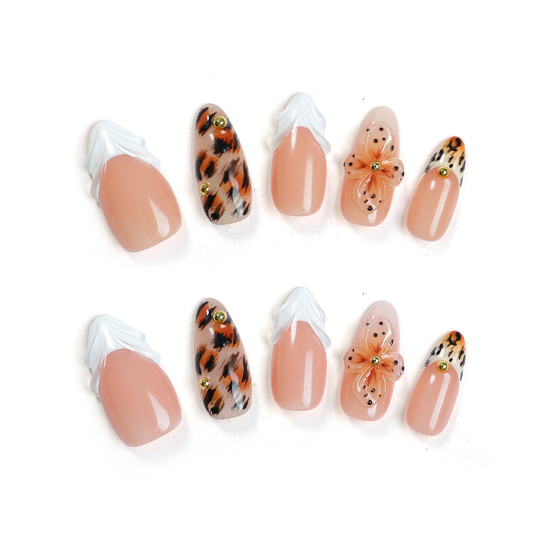 Artificial nail set with floral and leopard patterns Bowlift