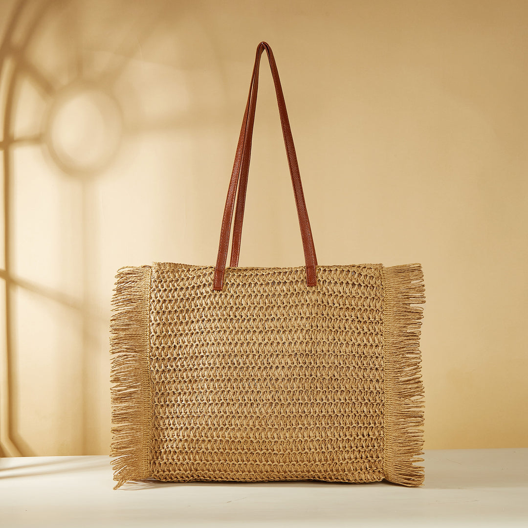 Large Woven Beach Bag with Fringes and Leather Handles Bowlift