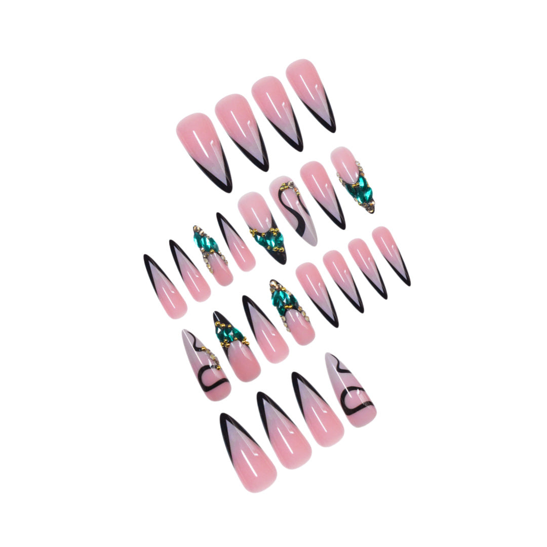 Artistic Stiletto Press-On Nail Art with Gemstone Accents Bowlift